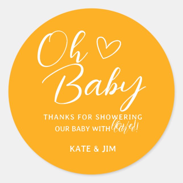 Oh Baby Orange Baby Shower Thank You Message Classic Round Sticker (Front)