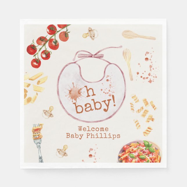 Oh Baby Pasta & Pacifiers Pink Girl Baby Shower Napkin (Front)