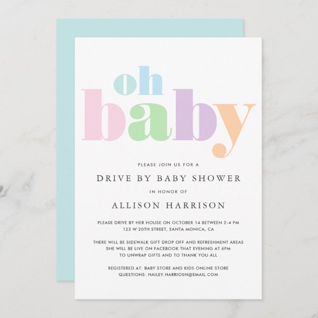 Oh Baby Pastel Minimal Modern Drive By Shower Invitation (Front/Back)