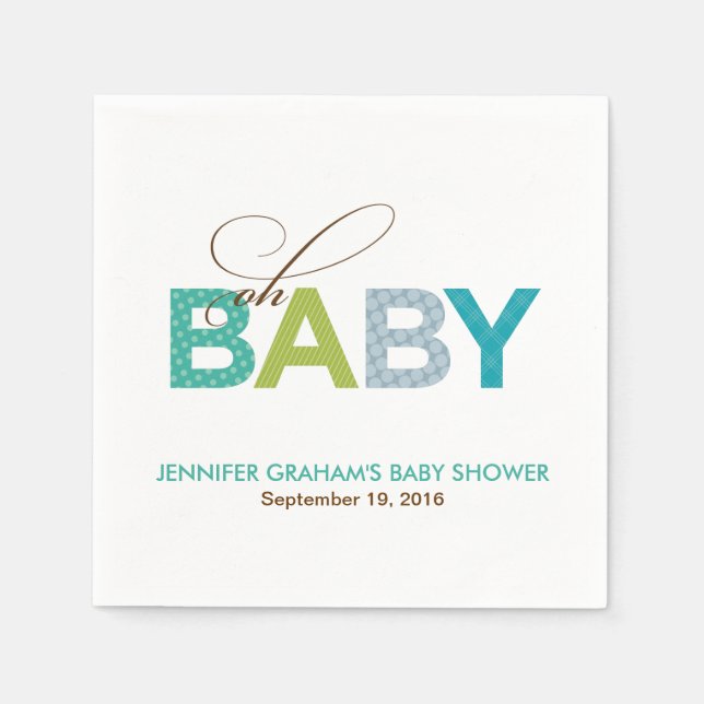 Oh Baby Patterned Baby Shower Napkin in Aqua (Front)