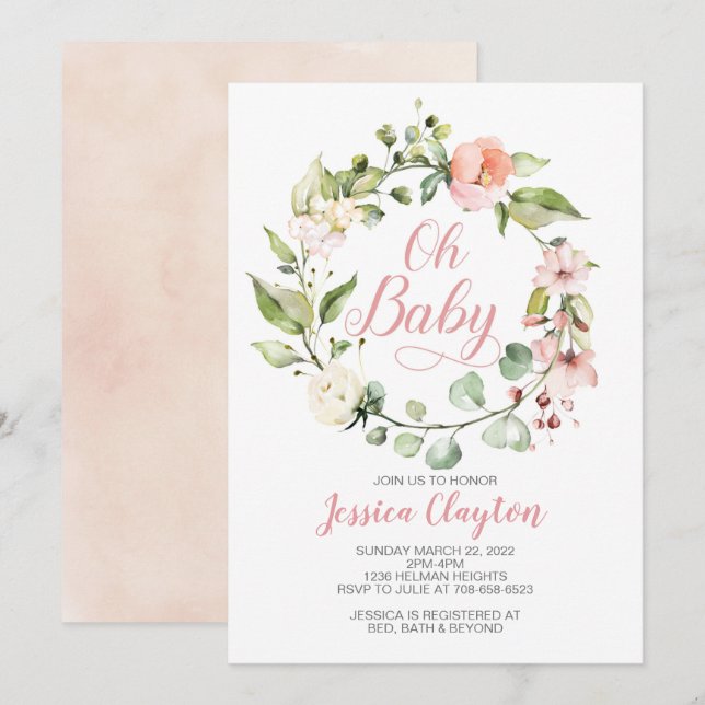 Oh Baby Peach Floral Baby shower Invitation (Devant / Derrière)