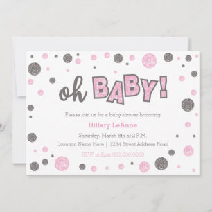 oh Baby Pink and grey glitter shower invitation