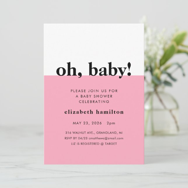 Oh Baby! Pink and White Baby Shower Invitation (Standing Front)