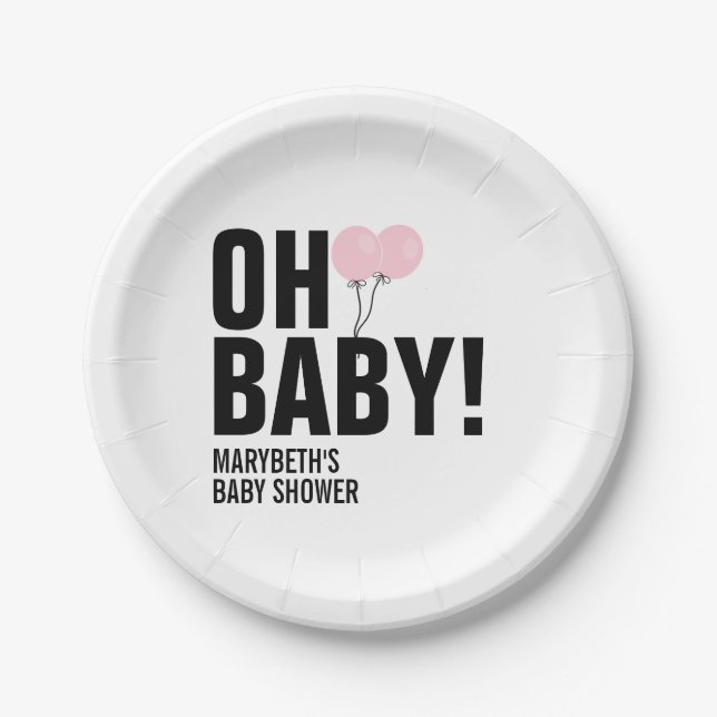 Oh Baby Pink Balloon Baby Shower Paper Plate (Front)