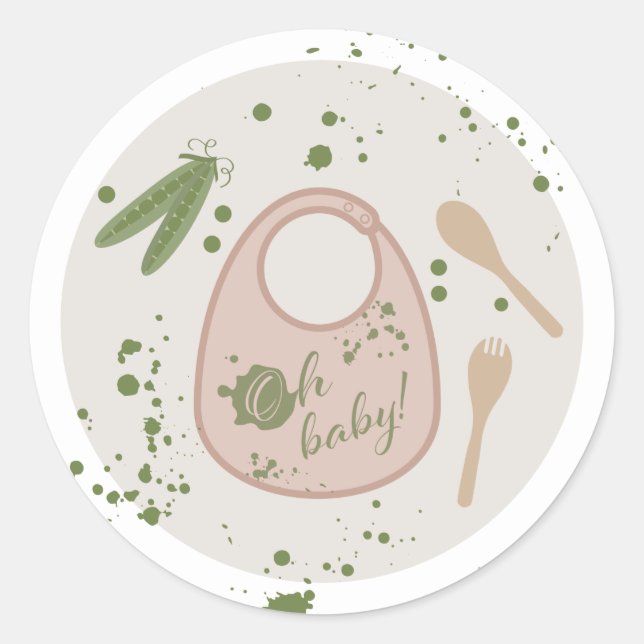 Oh Baby Pink Bib Spoon Fork Peas Baby Shower Classic Round Sticker (Front)