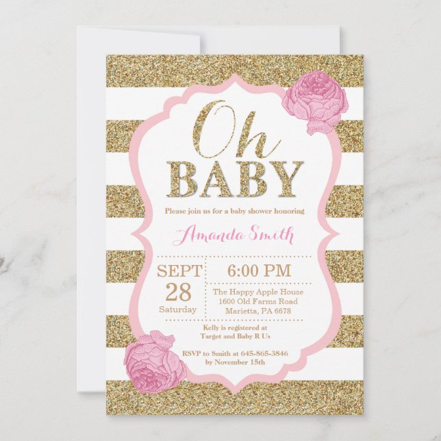 Oh Baby Pink et Baby shower d'or Invitation (Devant)
