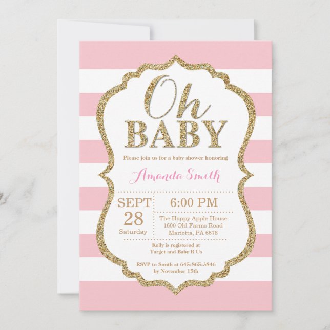 Oh Baby Pink et Baby shower d'or Invitation (Devant)