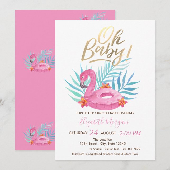 Oh Baby Pink Flamingo Palm Leaves Baby Shower   Invitation (Front/Back)