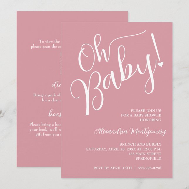 Oh Baby! Pink Girl Baby Shower QR Code Invitation (Front/Back)