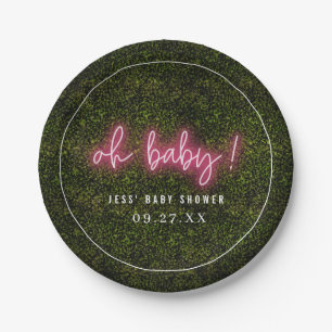 Oh Baby Pink Neon Boxwood Baby Shower Paper Plate