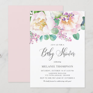 Oh Baby Pink Peonies and Eucalyptus Baby Shower Invitation
