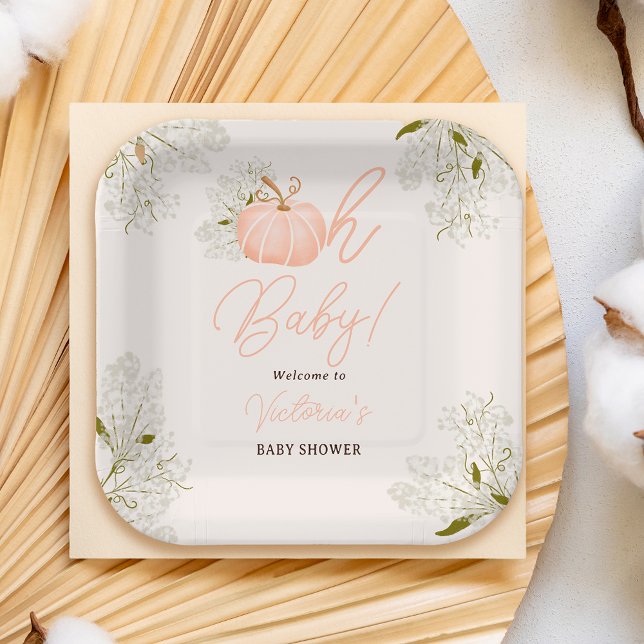 Oh Baby pink pumpkin floral chic baby shower Paper Plate (Oh Baby pink pumpkin floral chic baby shower Paper Plates)