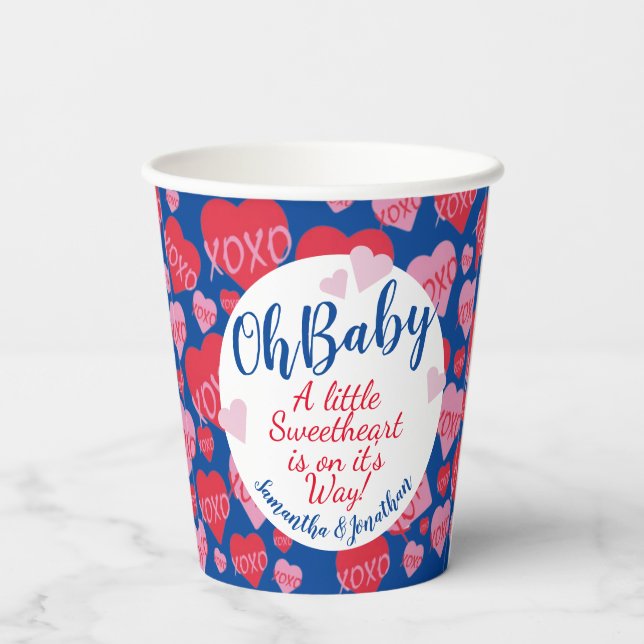 Oh Baby Pink Red Sweethearts Baby Shower Blue Paper Cups (Back)