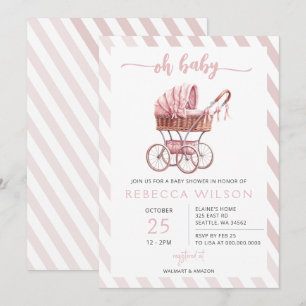 Oh Baby Pink Stroller Pram Girl Baby Shower  Invitation