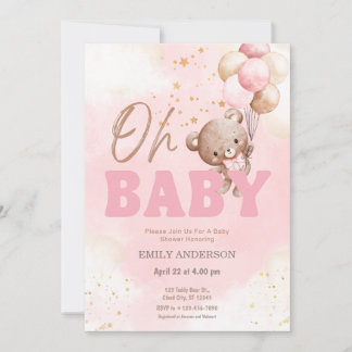 Oh Baby Pink Teddy Bear Balloons Girl Baby Shower  Invitation