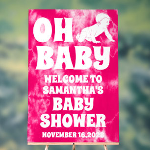 Oh Baby Pink Tie Dye Girl Baby Shower Welcome Acrylic Sign