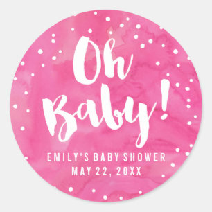 Oh Baby Pink Watercolor Baby Shower Classic Round Sticker