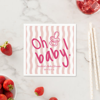 Oh Baby Pink Wavy Stripes Baby Shower Napkin