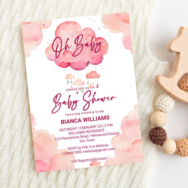 Oh baby pink whimsical cloud baby shower template (Oh baby pink whimsical cute cloud girls baby shower invite template digital download modern casual)