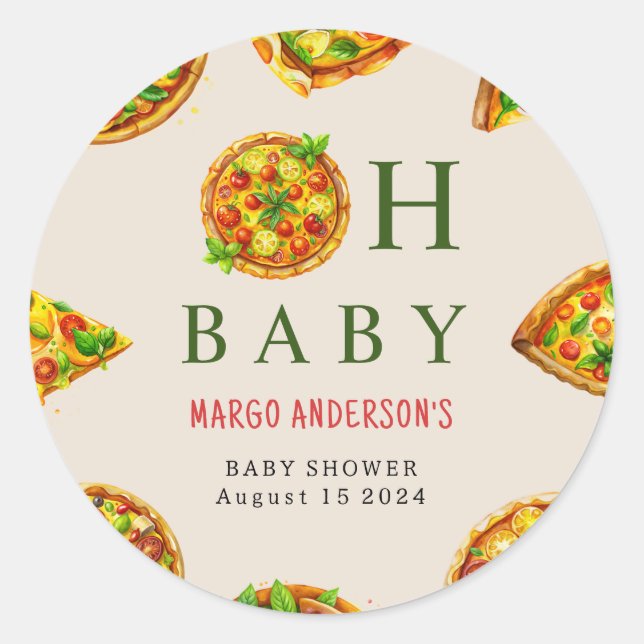 Oh Baby Pizza Tomatoes Olivia Green Baby Shower Classic Round Sticker (Front)
