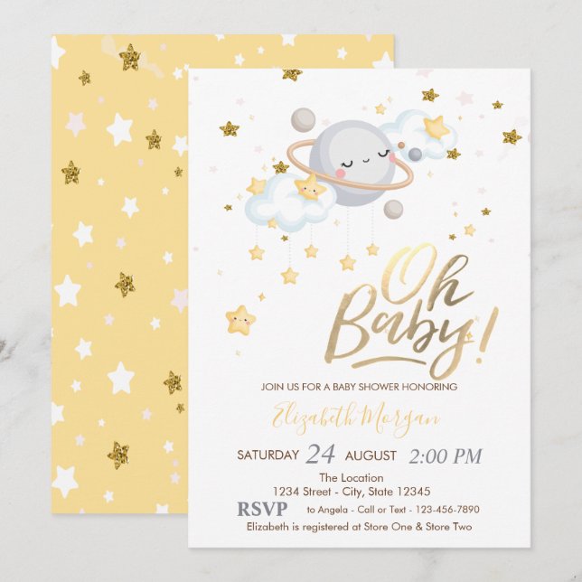 Oh Baby Planet Clouds Stars Baby Shower Invitation (Front/Back)