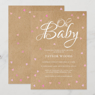 Oh Baby Pretty Pink Hearts Baby Shower Rustic Boho Invitation