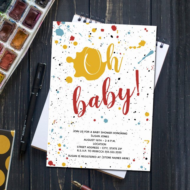 Oh Baby Primary Paint Splatter Neutral Baby Shower Invitation (Creator Uploaded)