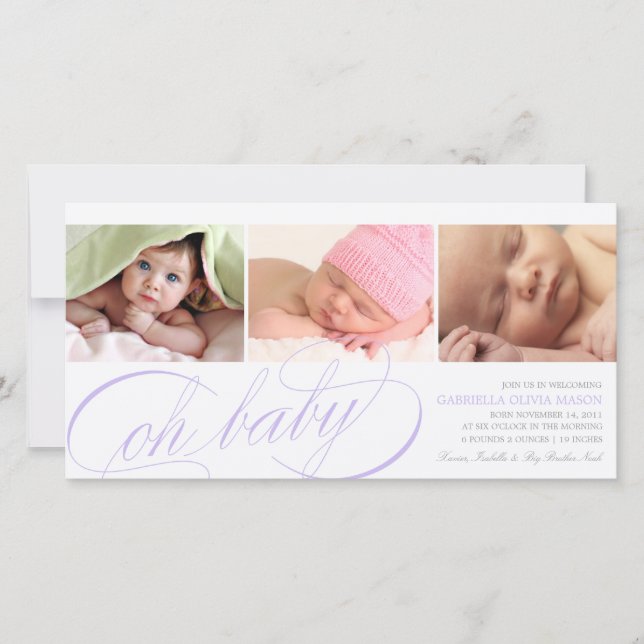 Oh Baby | Purple Script Birth Announcement (Front)
