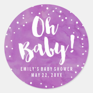Oh Baby Purple Watercolor Baby Shower Classic Round Sticker