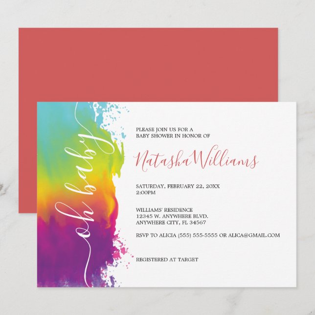 Oh Baby, Rainbow Watercolor Baby Shower, Orange Invitation (Front/Back)