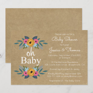 Oh Baby! Rustic Kraft Floral Wreath Baby Shower Invitation