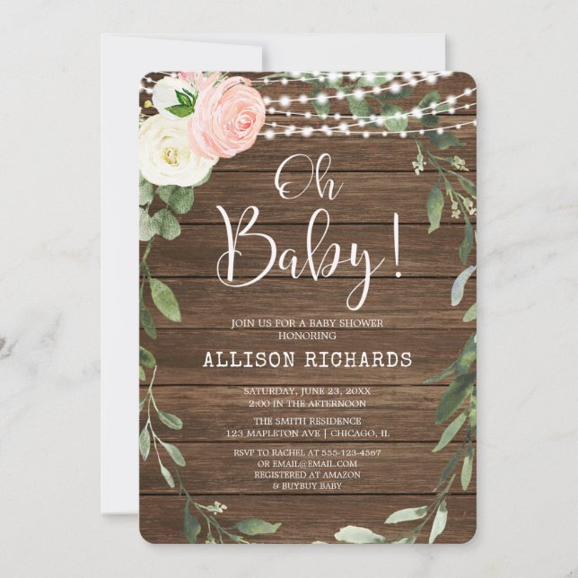 Oh Baby Rustic lights pink greenery baby shower Invitation (Front)