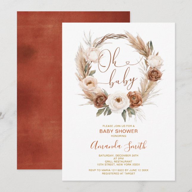 Oh Baby Rustic Terracota Orange Floral Baby Shower Invitation (Front/Back)