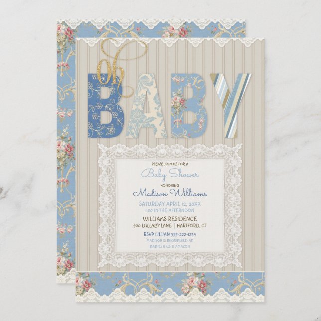 Oh Baby Rustic Wood Lace Blue Ivory Boy Invitation (Front/Back)