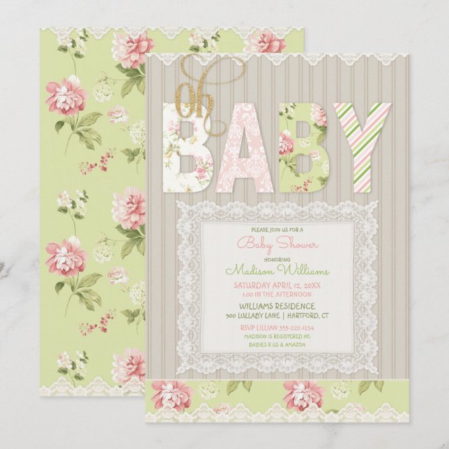 Oh Baby Rustic Wood Lace Pink Green Girl Invitation (Front/Back)