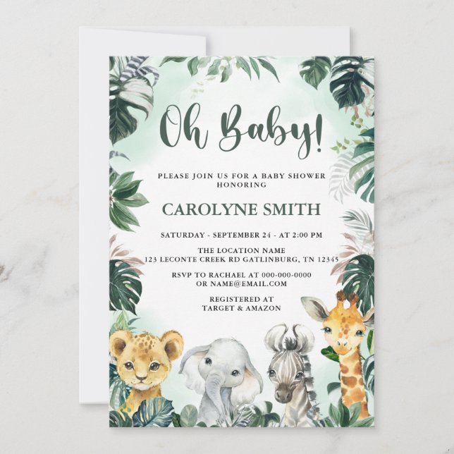 Oh Baby Safari Animaux Baby shower Invitation (Devant)