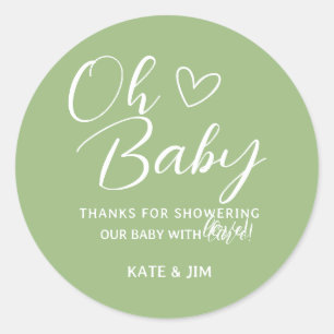 Oh Baby Sage Green Baby Shower Thank You Message Classic Round Sticker