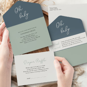 Oh Baby Sage Green Books Diapers and Baby Shower All In One Invitation