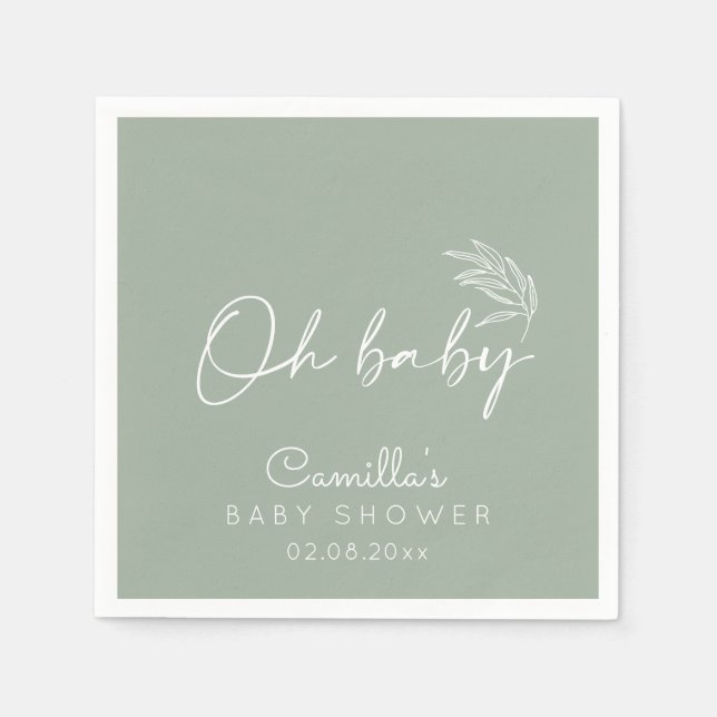 Oh Baby Sage Green Modern Baby Shower Napkin (Front)
