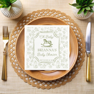 Oh baby sage green rocking horse baby shower napkin