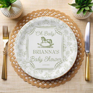 Oh baby sage green rocking horse baby shower paper plate