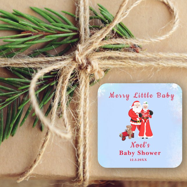 Oh Baby Santa & Mrs. Claus Baby Shower Square Sticker (Add holiday magic with Santa & Mrs. Claus stickers for unforgettable Baby Shower delight.)
