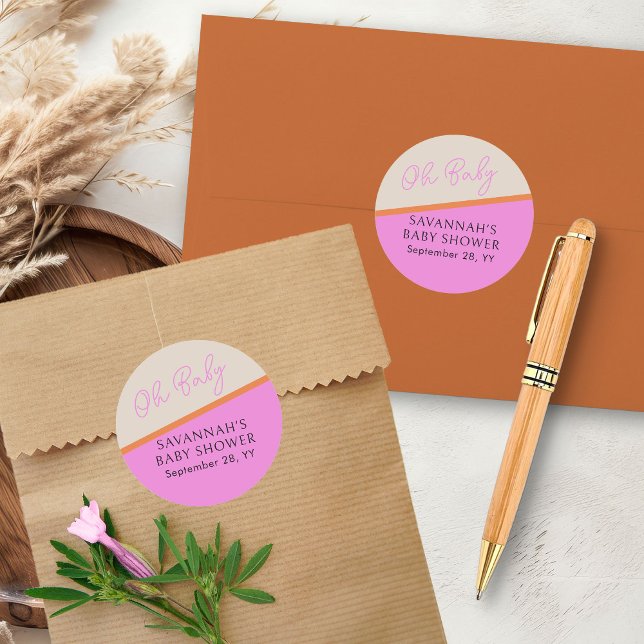 Oh Baby Script Bright Pink and Orange Tricolor Classic Round Sticker (Oh Baby baby shower stickers from my Tricolor Baby Shower Collection)