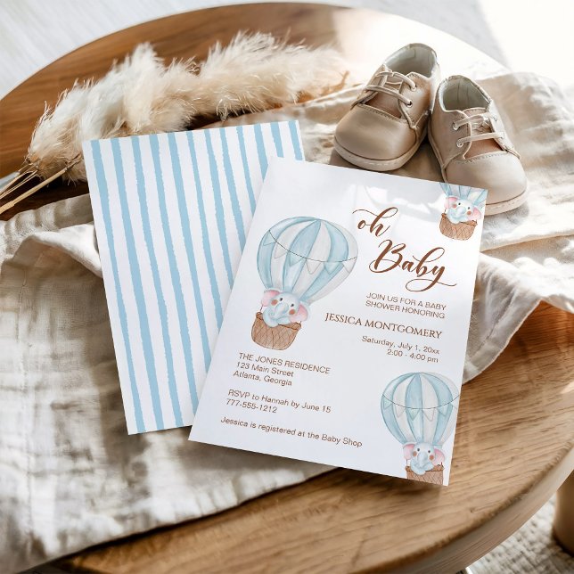 Oh Baby Script Elephant in Hot Air Balloon Shower Invitation (Creator Uploaded)
