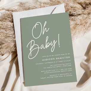 Oh Baby Script Sage Green Minimalist Baby Shower Invitation