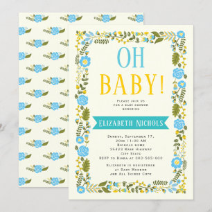 Oh Baby shower aqua and yellow floral border Invitation
