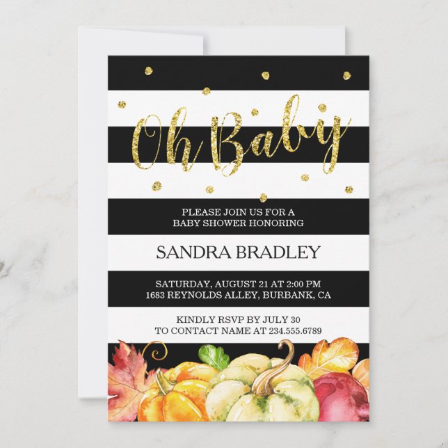 Oh Baby Shower Autumn Pumpkins Gold Glitter Dots Invitation (Front)
