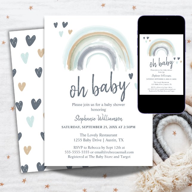 Oh Baby Shower Blue Boho Rainbow Invitation (Creator Uploaded)