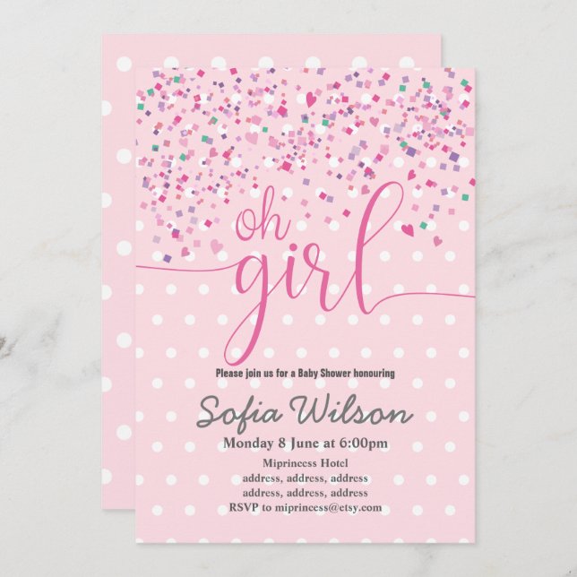 oh baby shower fille, invitation (Devant / Derrière)