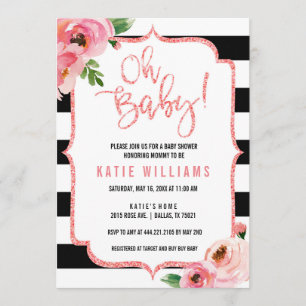 Oh Baby shower Floral Pink Invitation rayée